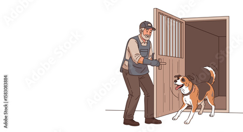 Shelter worker releasing happy dog from kennel in colorful illustration