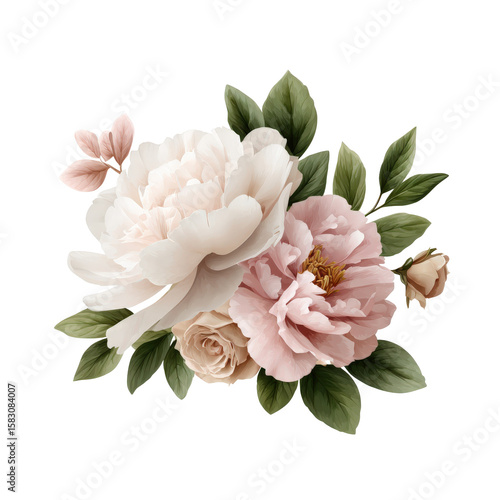 Watercolor bouquet featuring white and pink peonies with rose buds, accompanied by lush green leaves on a dark background.