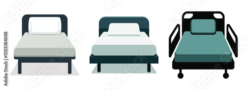 Three different types of beds including a hospital bed with railings