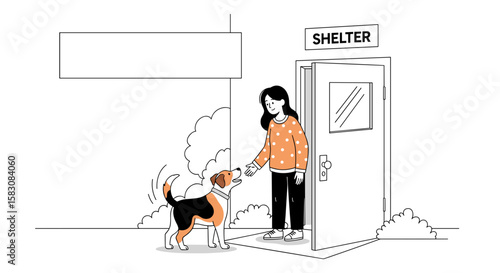  Woman adopting dog from shelter in simple colorful illustration