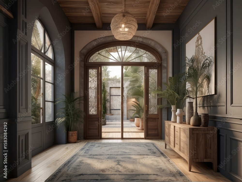 Fototapeta premium Boho style interior design of modern entrance hall with door