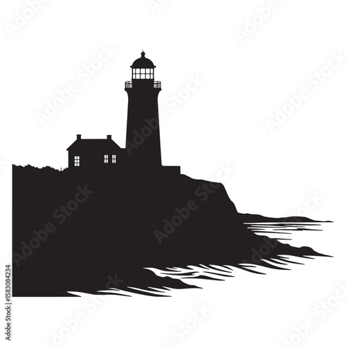 A black silhouette coastal lighthouse standing on a cliffside near the ocean waves