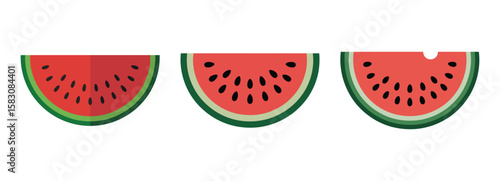 Three slices of watermelon with seeds and a bite mark