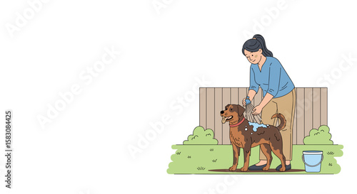 Woman washing happy dog outdoors in colorful illustration