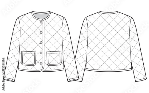 Women quilted collarless jacket. Technical sketch