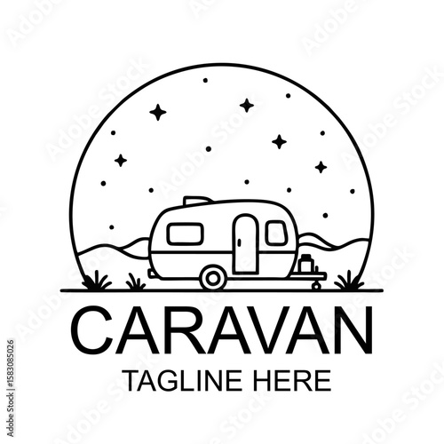 Caravan Logo, Minimal Line Drawing of a Trailer Under Stars, Black Lines