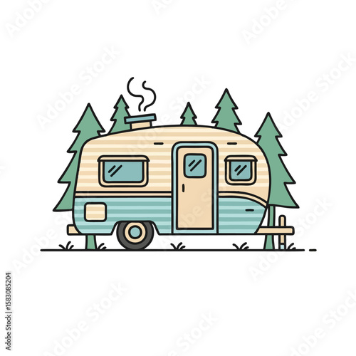 Vintage Caravan Logo, Stylized Camper Parked in Nature, Flat Line Art Design