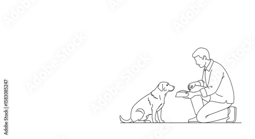 Man feeding dog in minimal black and white line illustration