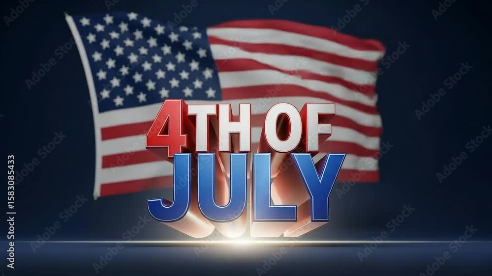 The bold text 4th of july floats in front of a waving american flag, celebrating the national holiday