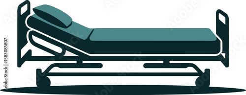 Modern hospital bed with adjustable headrest and wheels on a white background