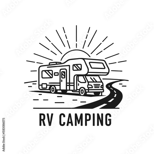 Modern RV Camping Logo, Stylized Camper With Sun Rays and Road, Monochrome Lines