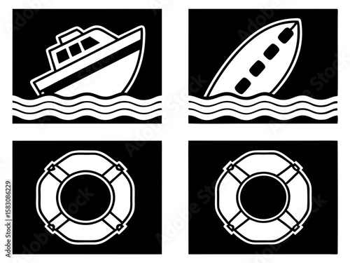 Boat sinking and life preserver icons symbolizing maritime safety and rescue