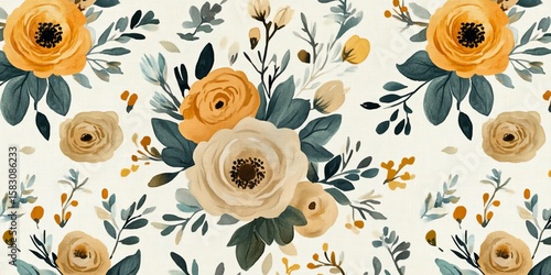 Fototapeta Naklejka Na Ścianę i Meble -  Elegant Watercolor Floral Pattern Featuring Light Yellow and Gold Flowers, Bouquets, and Leaves