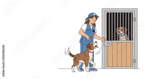 Worker caring for dogs in kennel illustration on white background