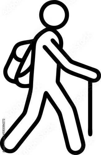 Black and white icon of a person hiking with a backpack and pole