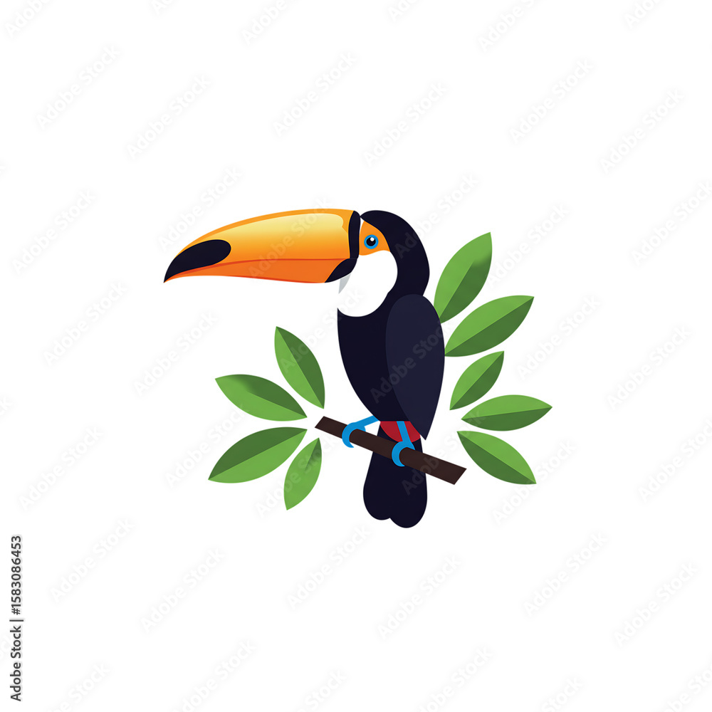 Fototapeta premium Stylized Toucan Perching with Orange Beak on Branch with Green Leaves on Transparent Background
