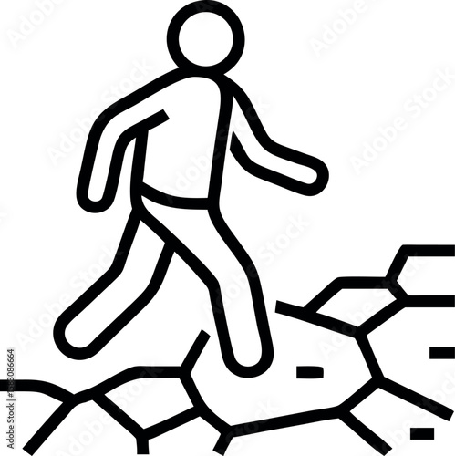 Black and white icon of a person walking on cracked ground