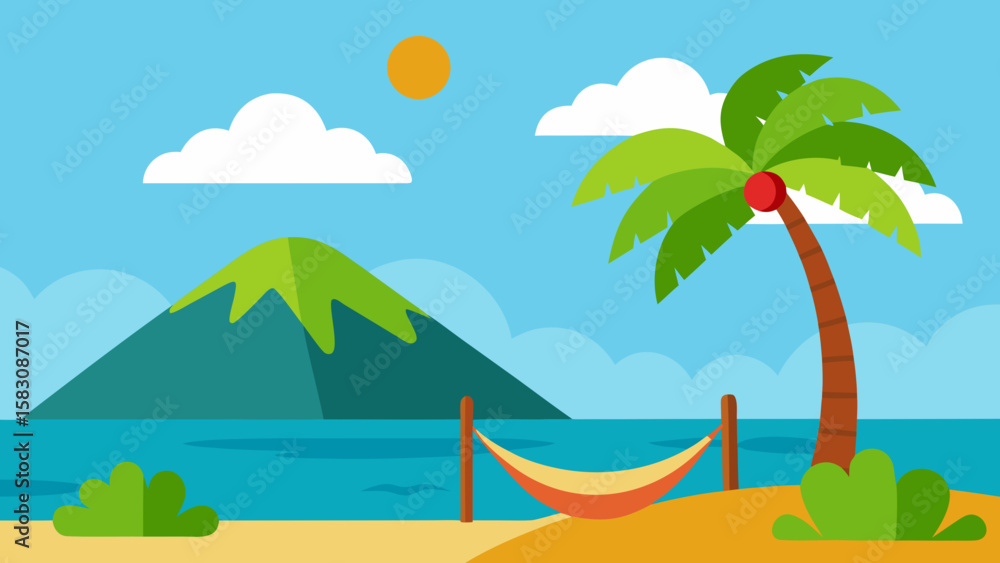 Obraz premium Cartoon Tropical Island with Palm Trees and Volcano