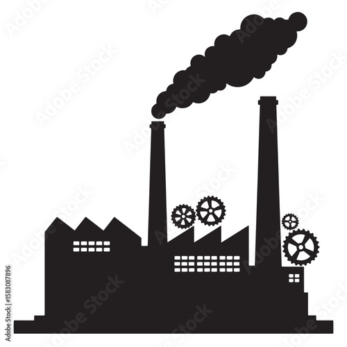Industrial factory silhouette depicting pollution and environmental concerns in black and white design