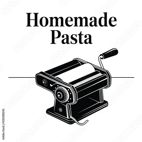 Black and white vector illustration of a pasta-making set featuring a pasta roller, ravioli mold, and drying rack