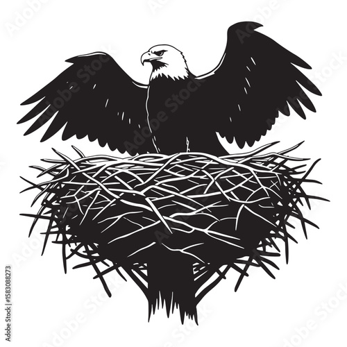 Majestic bald eagle with outstretched wings perched in a nest illustration in black and white