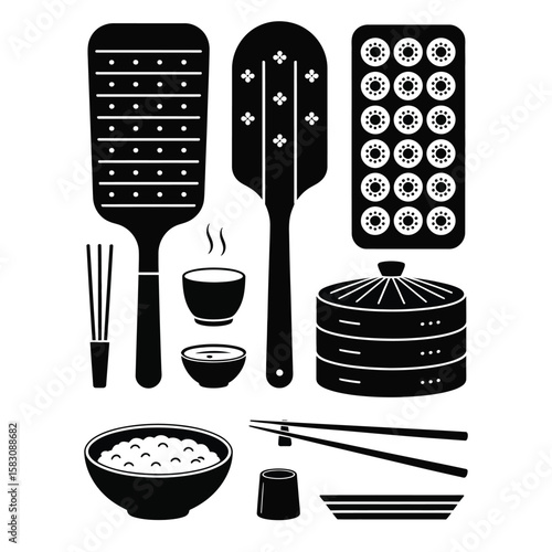 Black and white vector illustration of Asian kitchen essentials including rice paddle, chopsticks, steamer, and sushi mat