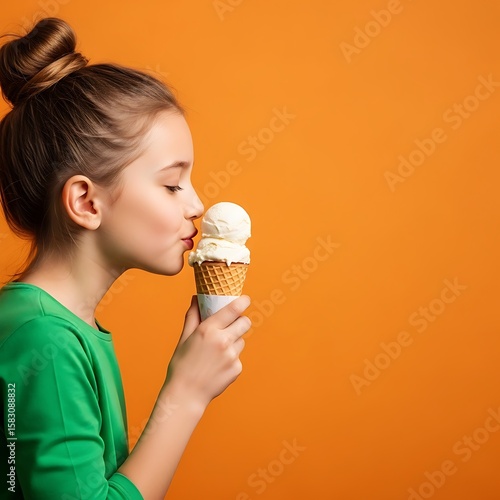 Joyful young girl enjoying a delicious vanilla ice cream cone on an orange background