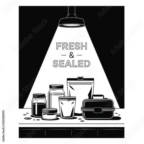 Black and white vector illustration of food storage items including glass jars, zip bags, cling film, and lunchbox on clean surface