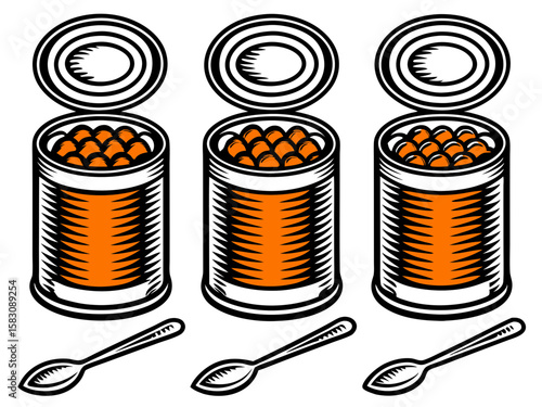 Three open cans of orange spheres with spoons below