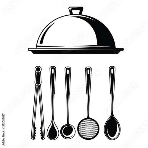 Black and white vector illustration of serving tools pack including tray, tongs, ladle, skimmer, and gravy spoon neatly arranged