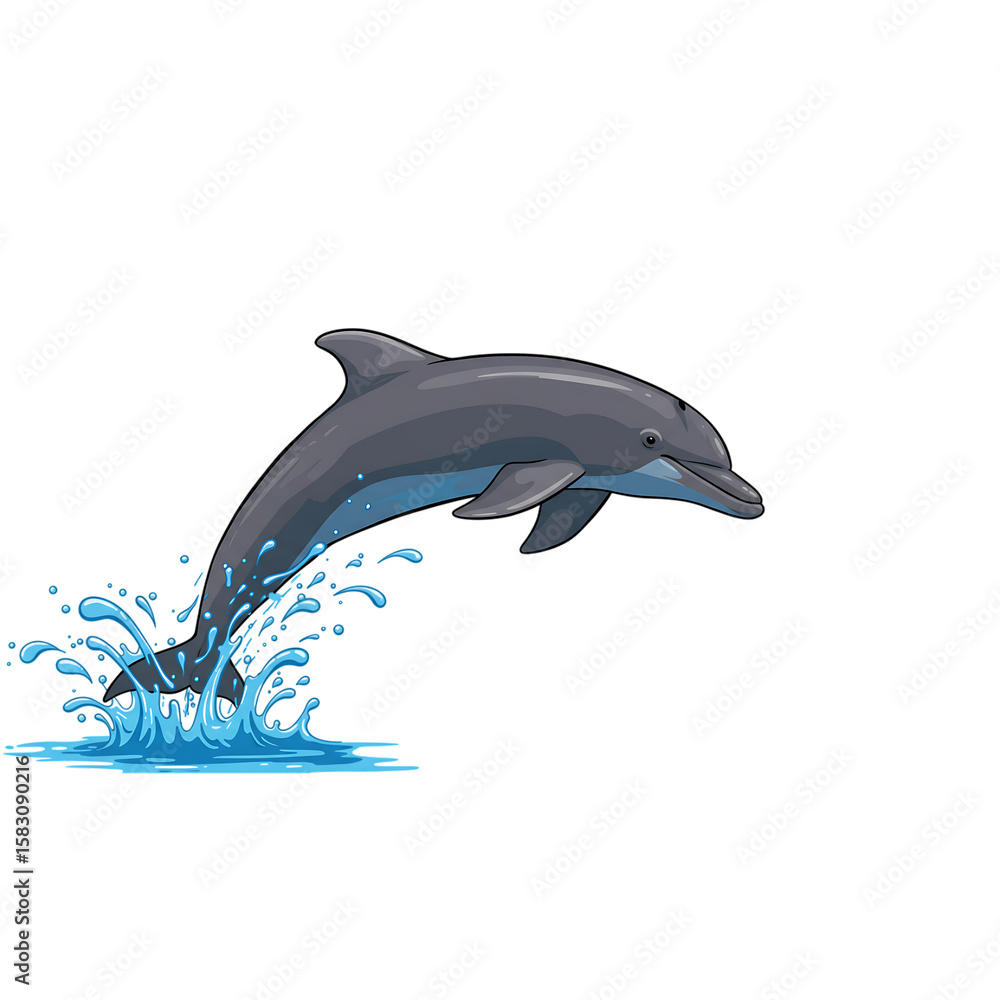 Fototapeta premium Gray Dolphin Leaping Out of Water with Blue Splashes on Transparent Background