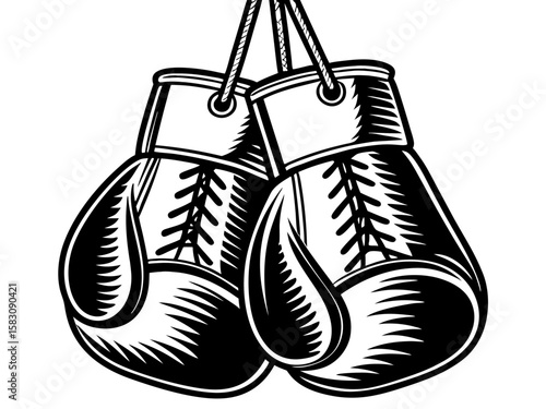 Classic black and white boxing gloves hanging together on a rope