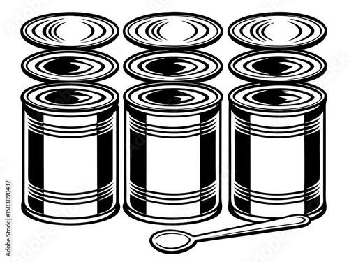 Three canned goods with lids and a spoon on a gray background