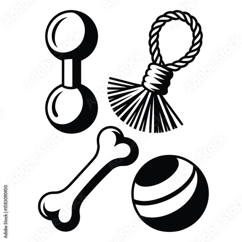 Dog toy pack with squeaky toy rope toy chew bone and fetch ball black and white vector illustration