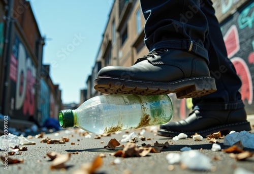 Wallpaper Mural A boot crushing a plastic bottle on a littered urban street Torontodigital.ca