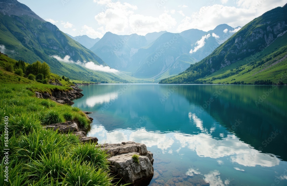 Naklejka premium Serene mountain lake surrounded by lush green hills and towering peaks