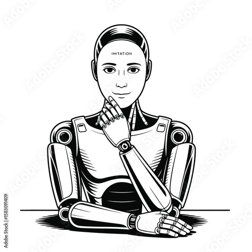 Robot wearing mask pretending to be human in black and white vector illustration symbolizing disguise and deception