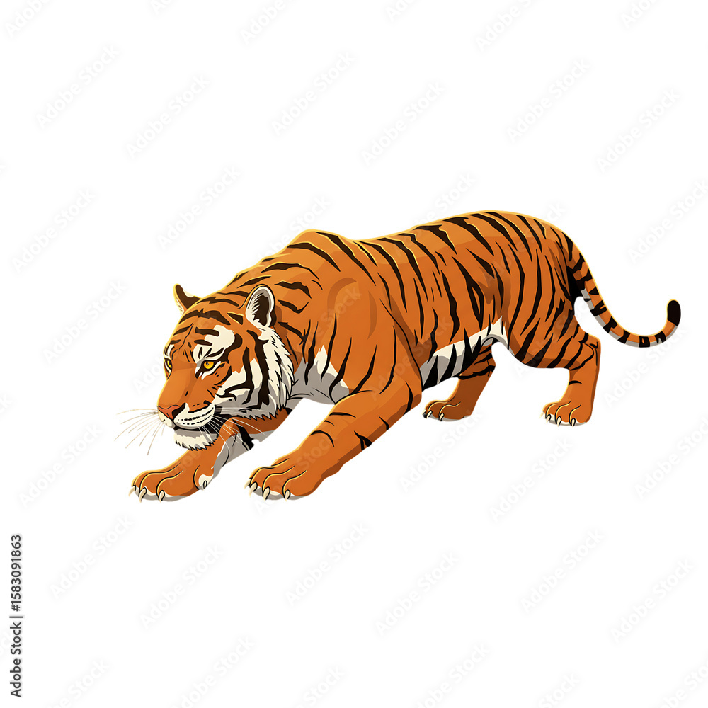 Obraz premium Crouching Orange Striped Tiger on Transparent Background
