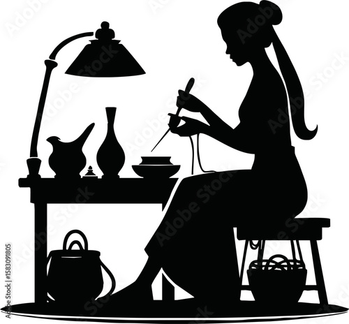 Silhouette of handcraft artist working isolated vector style on white background