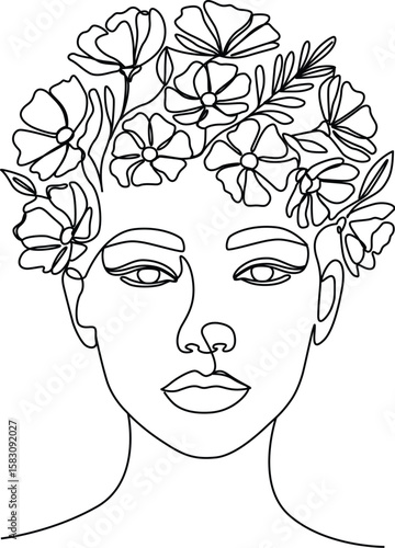 Flower Head Girl Line Art Woman Portrait with Floral Crown Line Art. 