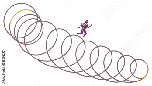 Figurative runner on a spiral path conveys persistence and commitment, highlighting challenges and determination.