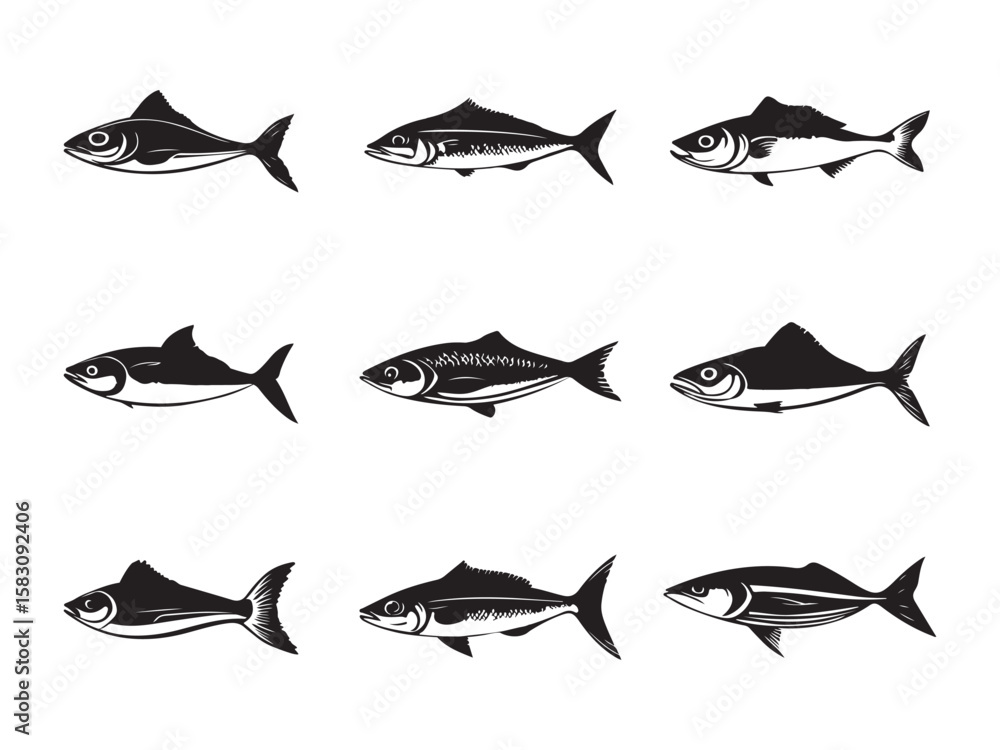 Collection of Vector Black and White Fish Silhouettes Collection of Vector Black and White Fish Silhouettes