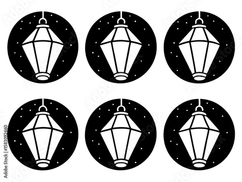 Stylized lanterns hanging in a starry night circle icons