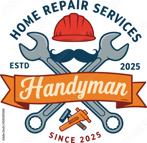  Home Repair Services Handyman Logo Vector Design: Crossed Wrenches, Hard Hat, Mustache, Tools Emblem for Maintenance and Construction Business.