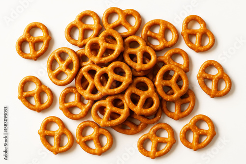 Crispy salted mini pretzels scattered on white background, top view of traditional snack food for packaging or design use