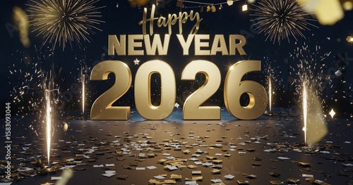 New Year 2026 Celebration: A vibrant display of joy for 2026 New Year, celebrating with the best of golden ornaments, and pyrotechnics.