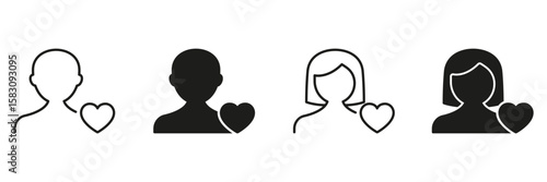 User Profile With Heart Icon Set. Personal Connection, Relationship, And Social Interaction Symbol Collection. Male And Female Silhouettes With Heart. Isolated Vector Illustration
