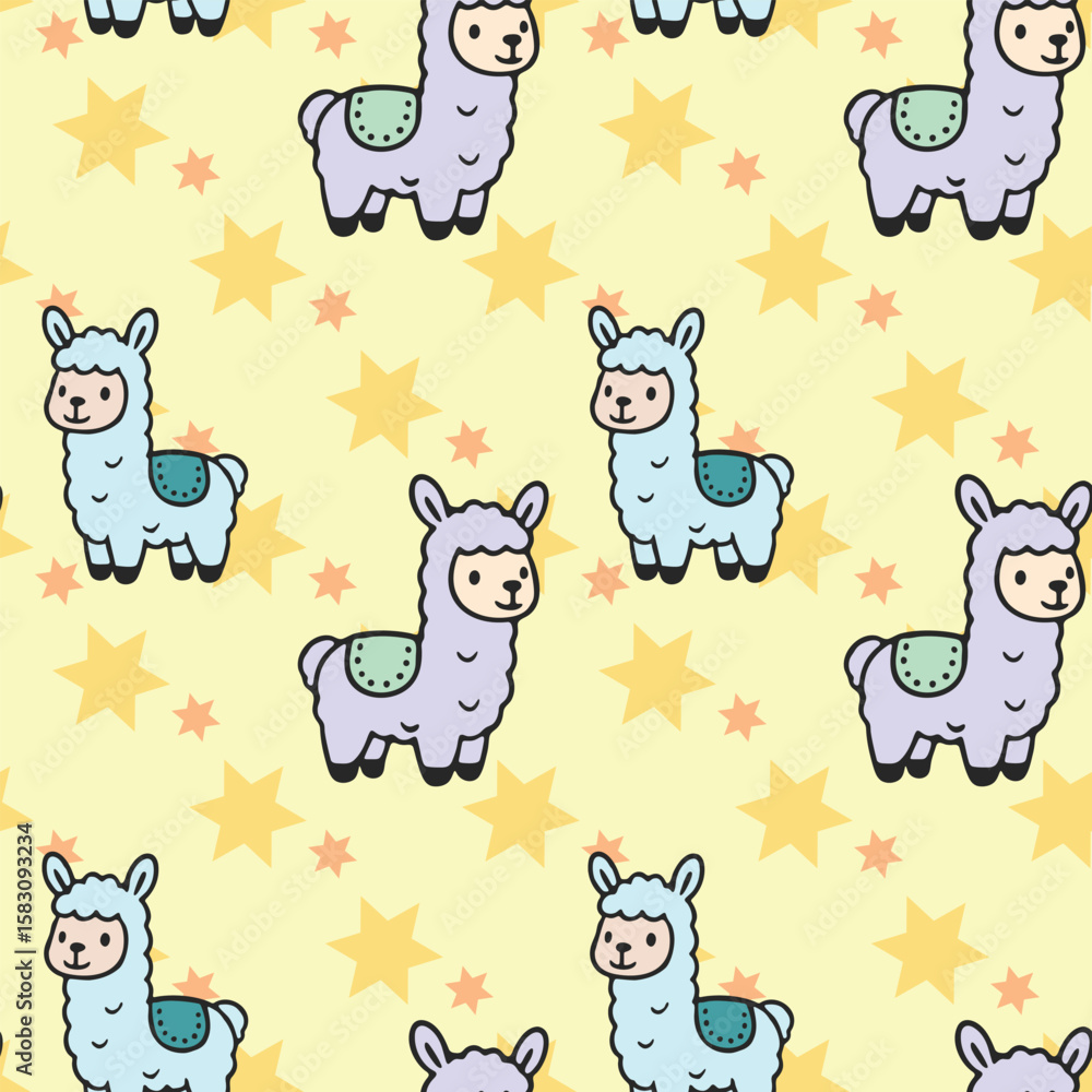 Fototapeta premium A pattern of cartoon llamas with stars in the background. The llamas are cute and colorful, and the stars add a playful touch to the design
