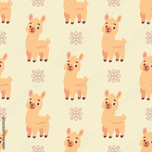 A pattern of cartoon llamas with a flowery background. The llamas are smiling and looking at the camera