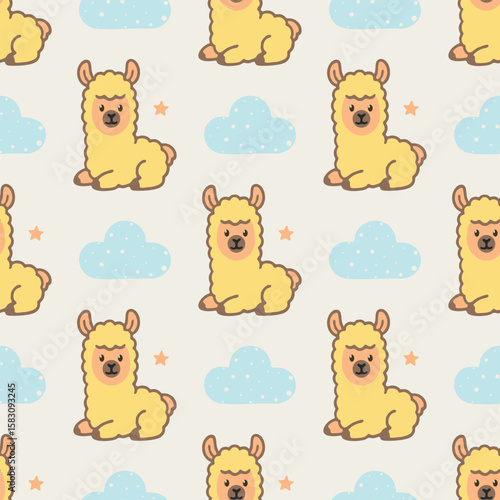 A pattern of yellow llamas sitting on a white background. The llamas are cute and cuddly, and the pattern is playful and whimsical